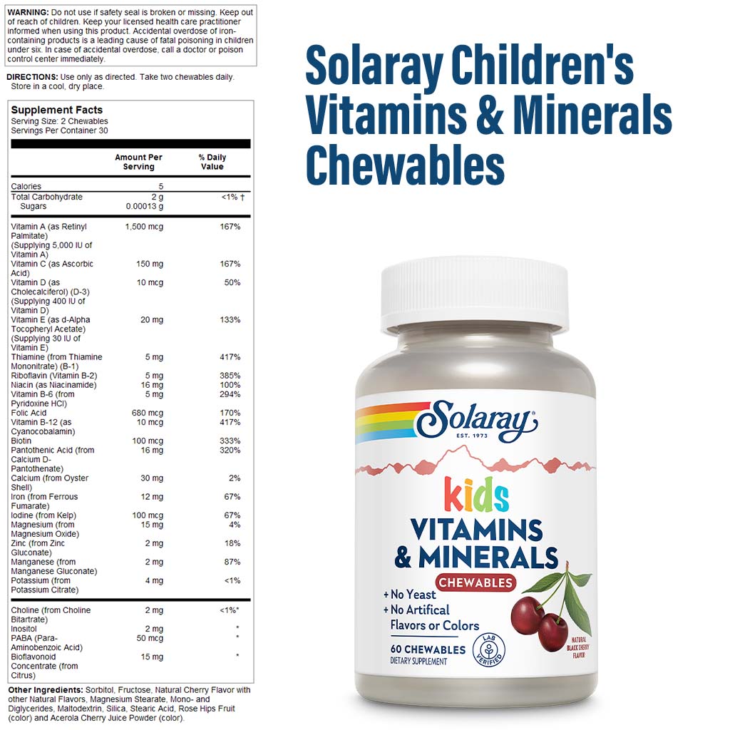 Solaray أقراص فيتامينات ومعادن قابلة للمضغ للأطفال، عبوة مكونة من 60 قطعة