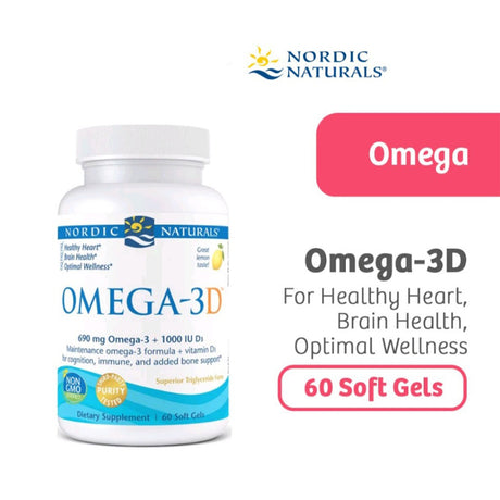 Nordic Naturals Omega 3D Omega 3 + Vitamin D3 Fish Oil Supplement Softgels - Lemon Flavour, Pack of 60's