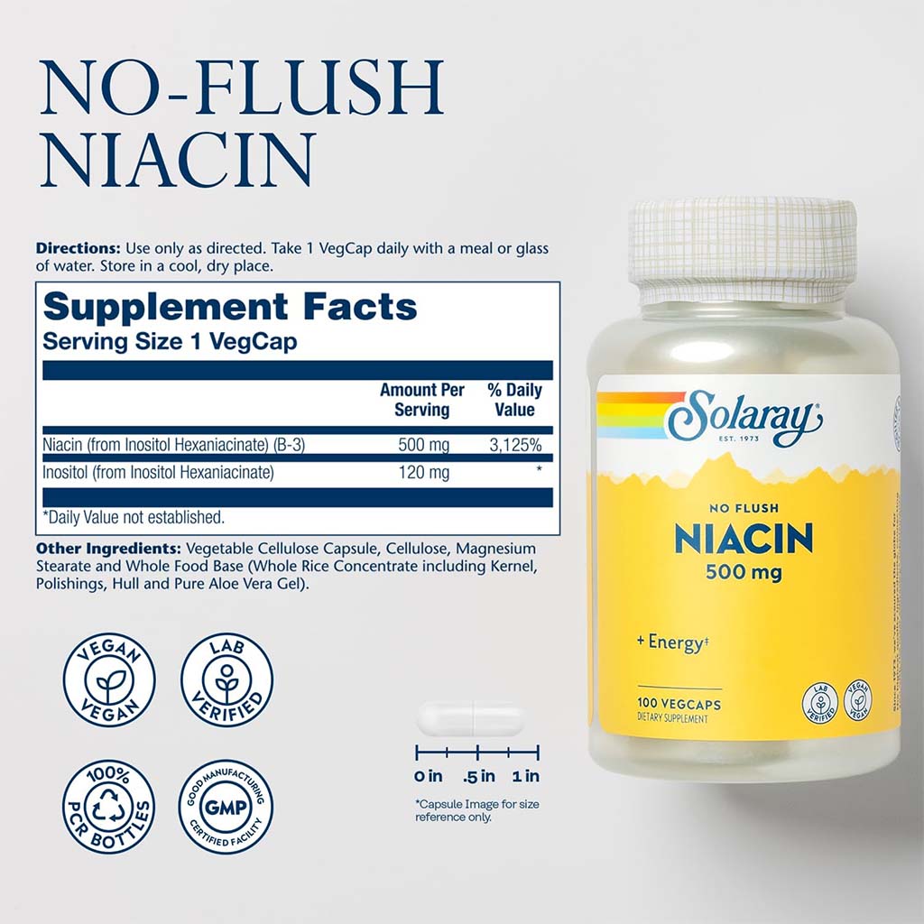 Solaray Niacin No Flush 500mg Veg Capsules For Energy Support, Pack of 100's