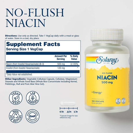 Solaray Niacin No Flush 500mg Veg Capsules For Energy Support, Pack of 100's