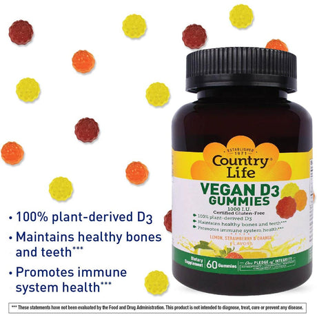 Country Life Vegan D3 1000IU Gummies For Bone, Teeth & Immune Health, Pack of 60's