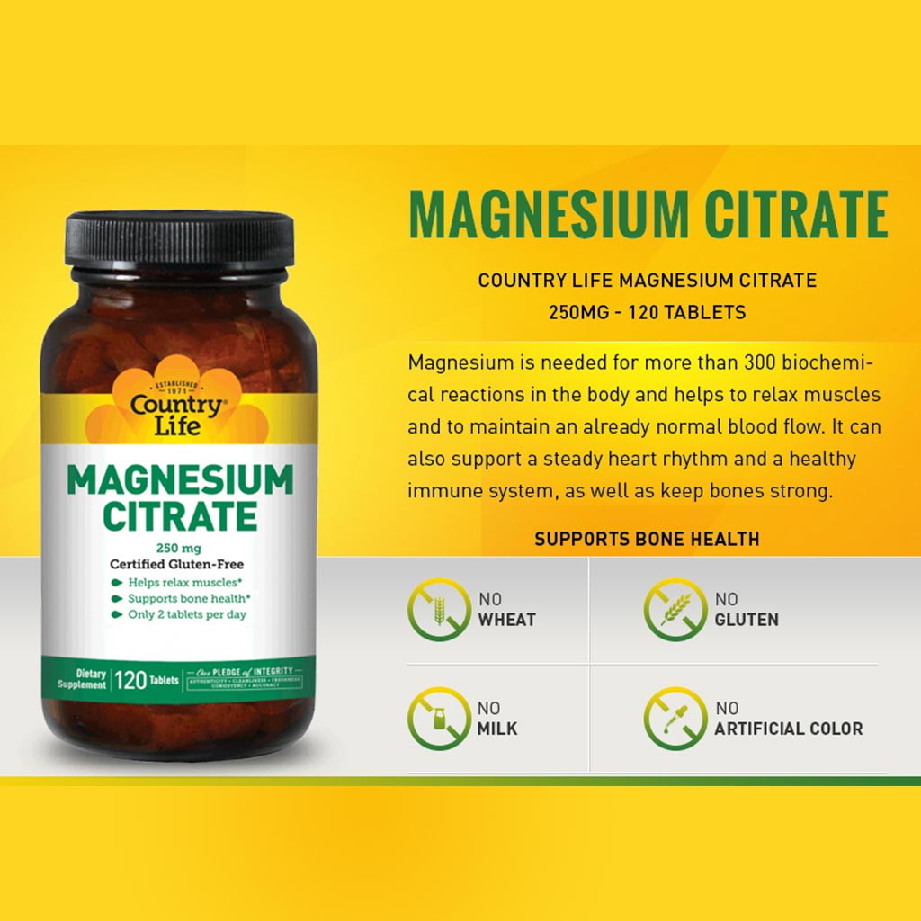 Country Life Gluten-Free Magnesium Citrate 250 mg Tablets For Bone & Muscle Health, Pack of 120's