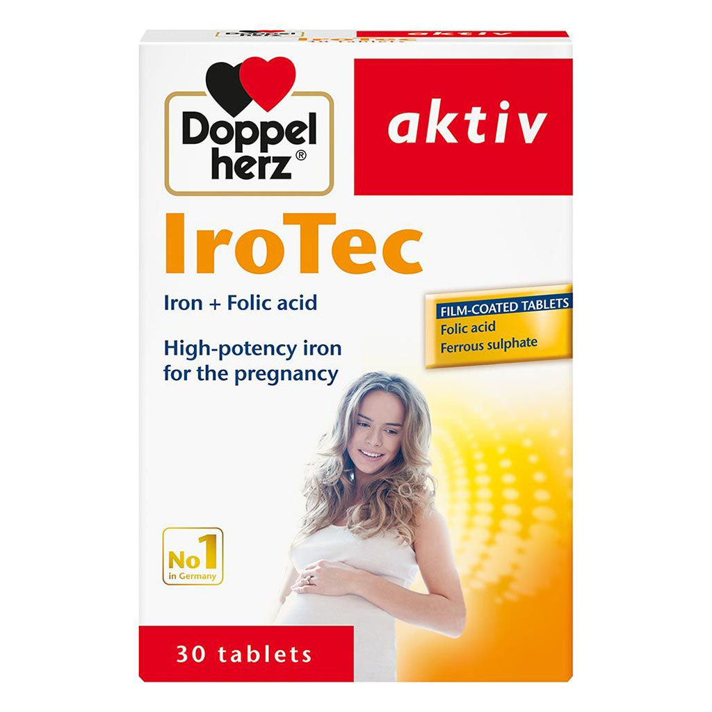 أقراص Doppelherz aktiv IroTec Iron + حمض الفوليك لدعم الحمل، عبوة من 30 قرصًا