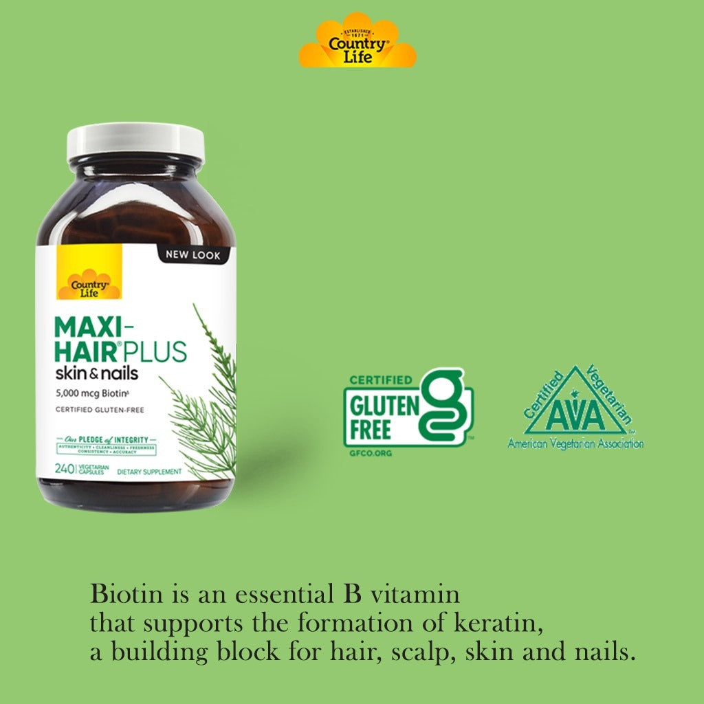 Country Life Maxi-Hair Plus Biotin 5000mcg Skin, Hair & Nails Supplement Capsules, Pack of 120's