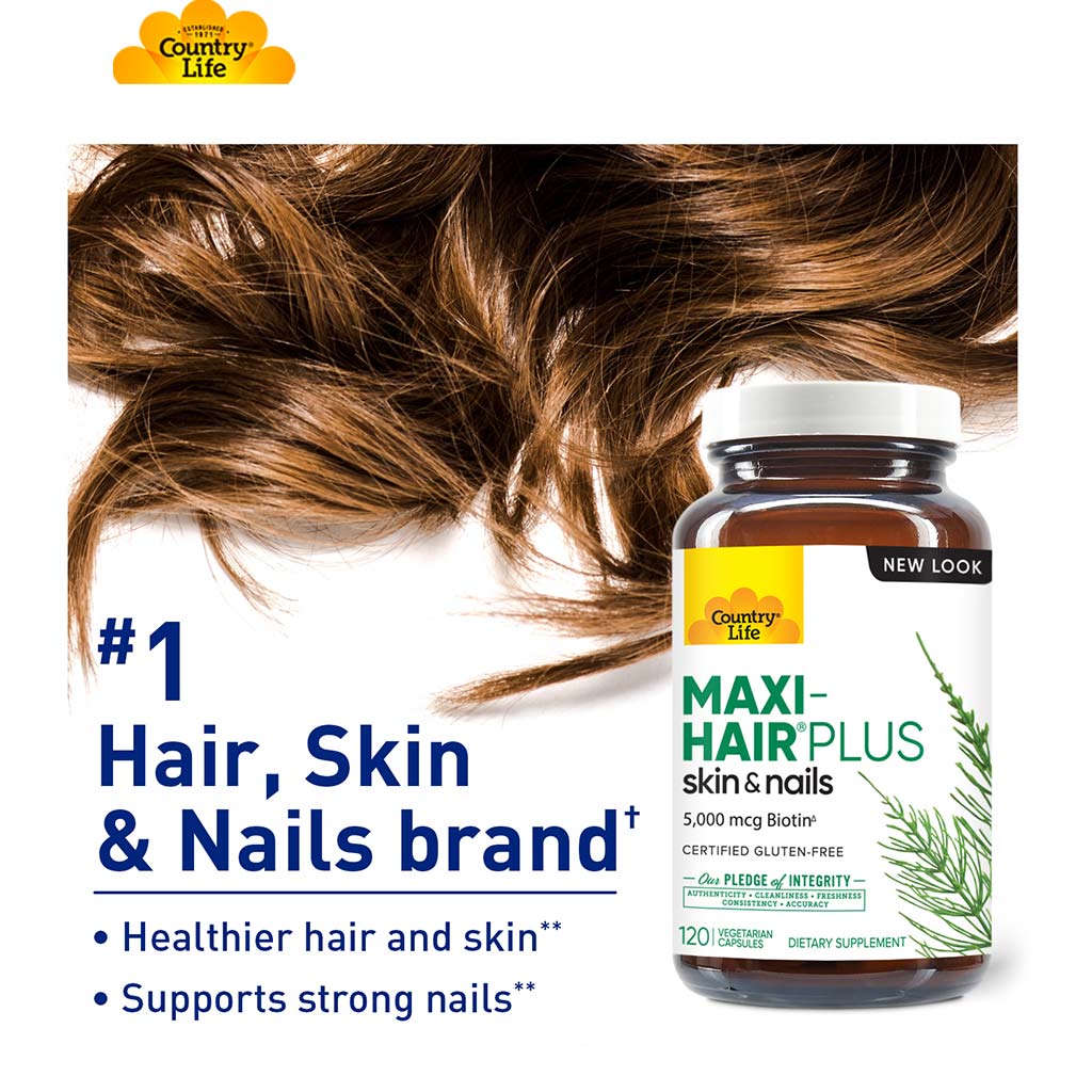 Country Life Maxi-Hair Plus Biotin 5000mcg Skin, Hair & Nails Supplement Capsules, Pack of 120's