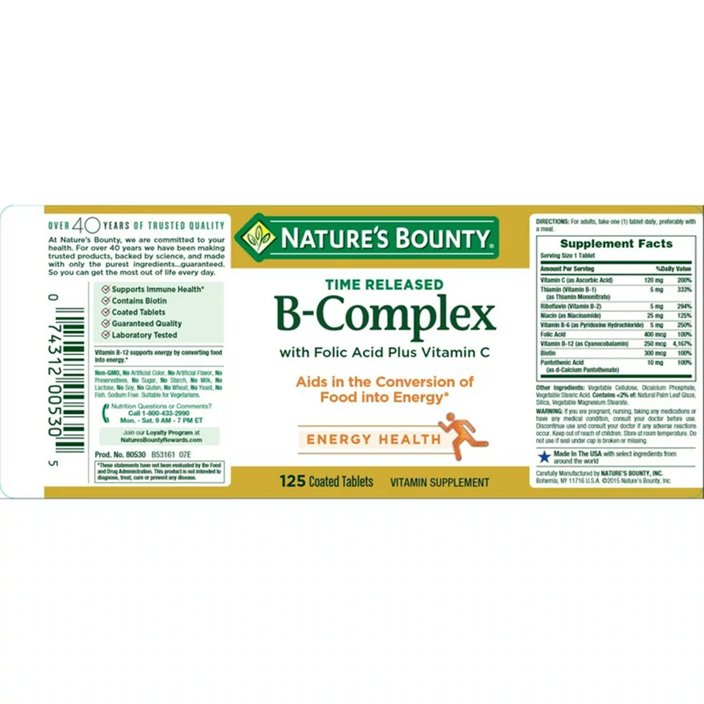 Nature's Bounty B-Complex with Folic Acid Plus Vitamin C Tablets 125's