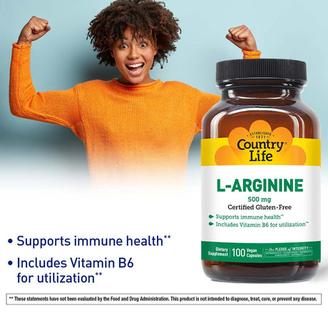 Country Life L- Arginine 500mg Vegan Capsules For Immune Support, Pack of 100's