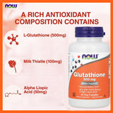 Now Glutathione 500mg Capsules With Milk Thistle Extract & Alpha Lipoic Acid For Antioxidant Support, Pack of 60's